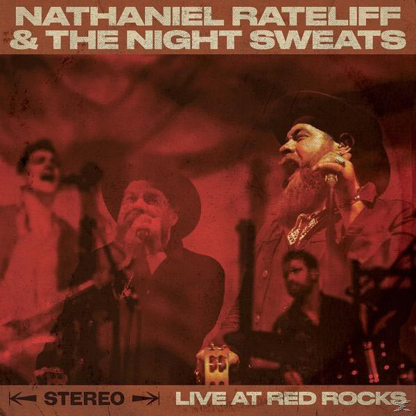 Nathaniel Rateliff albumhoes. Bandleden die live optreden in Red Rocks. De afbeelding is rood getint.
