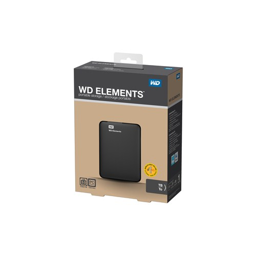 WD Elements harici sabit disk kutusu. Kutu, beyaz metinli siyahtır.