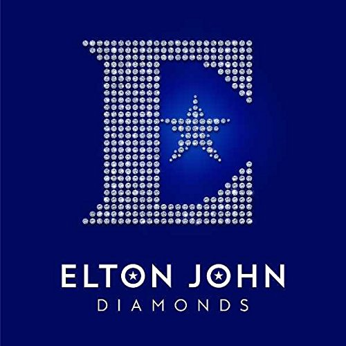 Elton John 'Diamonds' album borítója. Kék háttér gyémántokkal kirakott 'E'-vel.