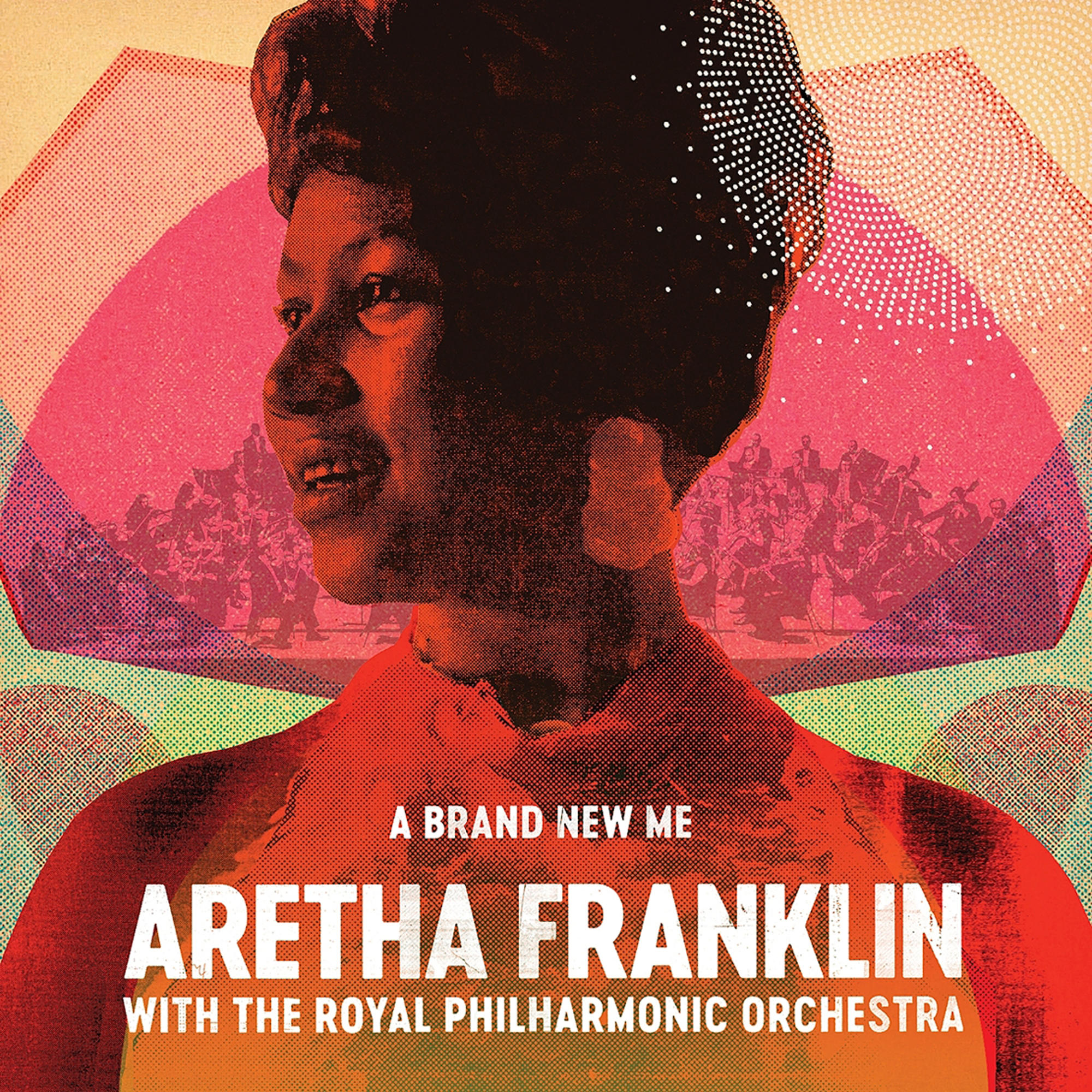 Album borító: Aretha Franklin portré, piros és fekete tónusok. A szöveg azt mondja: 'A Brand New Me' az orchester részleteivel.