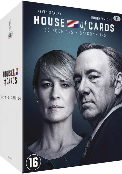DVD-boxset van House of Cards. Met Kevin Spacey en Robin Wright. Witte achtergrond.