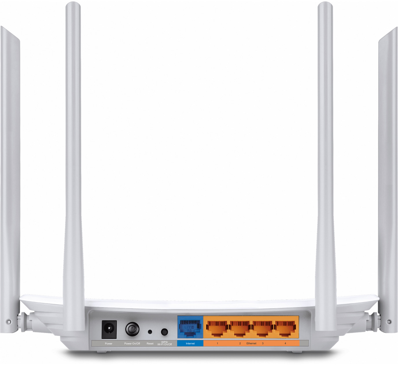 Witte router met vier antennes, poorten zichtbaar aan de achterkant, aan/uit-knop en resetknop.