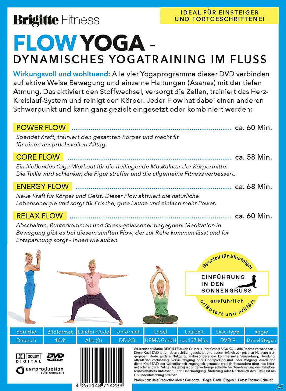 DVD-Cover für 'Flow Yoga', mit Text, drei Frauen in Yoga-Posen und Textdetails.