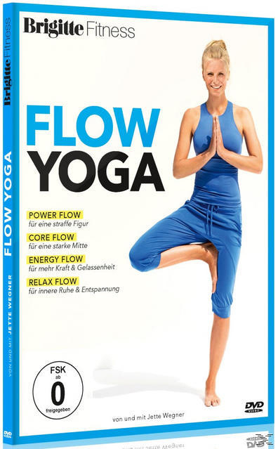 DVD-Cover von Brigitte Fitness FLOW YOGA. Eine Frau macht eine Yoga-Pose auf weißem Grund.