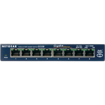 Uno switch Ethernet Gigabit Netgear GS108 nero con otto porte.