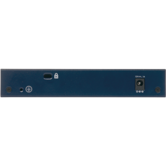 Switch di rete blu, vista posteriore. Contiene porte e punti di connessione. Sfondo nero.