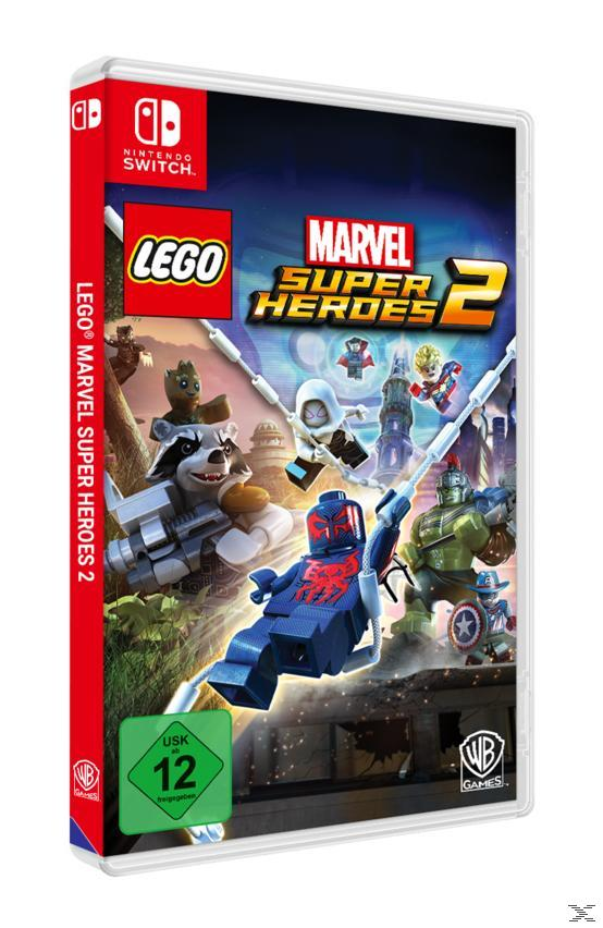 Lego Marvel Super Heroes 2 Spielhülle. Bunte Charaktere und ein Lego-Logo auf dem Cover.