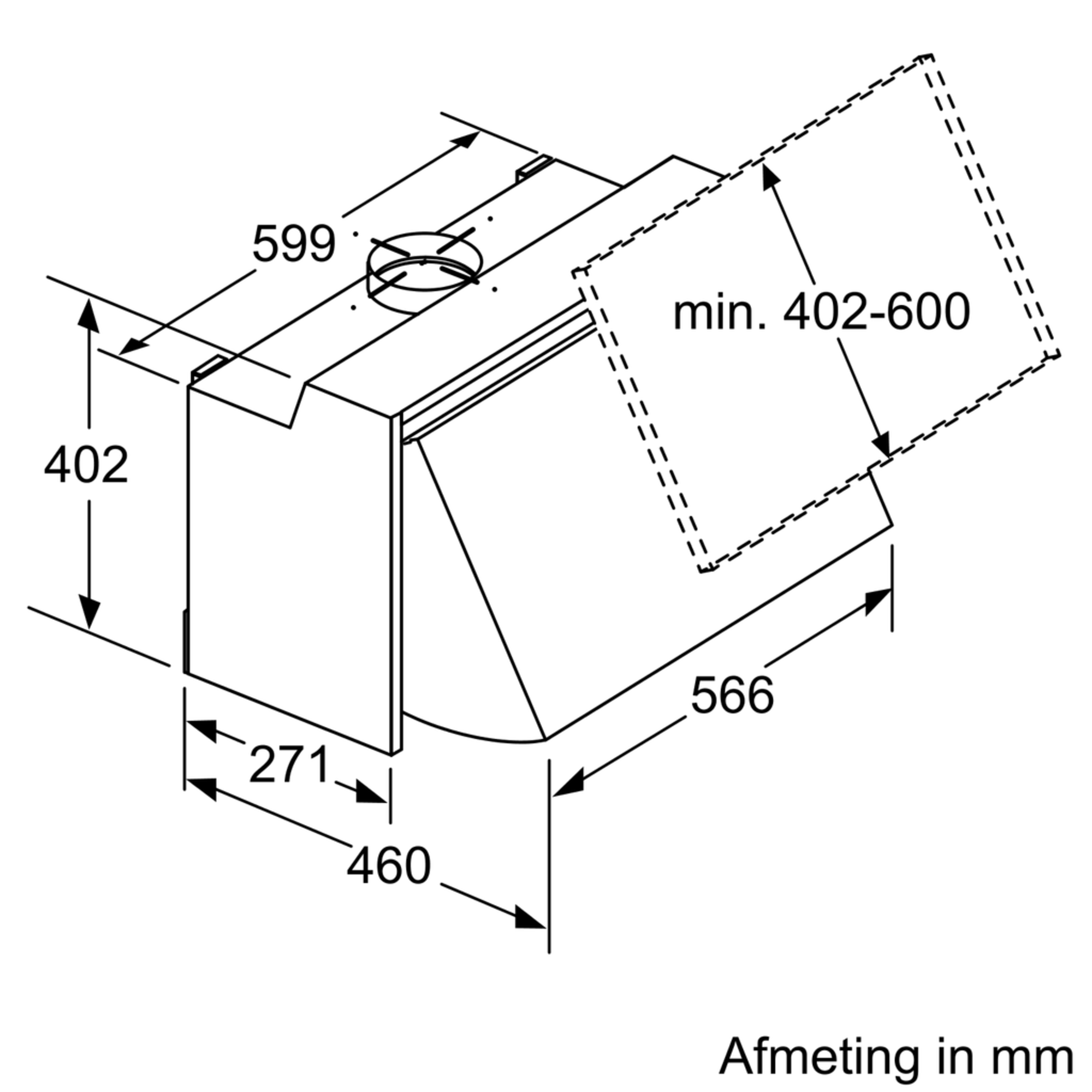 Diagram of a kitchen hood with dimensions in mm. Black and white lines.