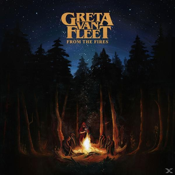 Albumcover mit Waldszene bei Nacht. Figuren um ein Feuer mit Text 'Greta Van Fleet'.