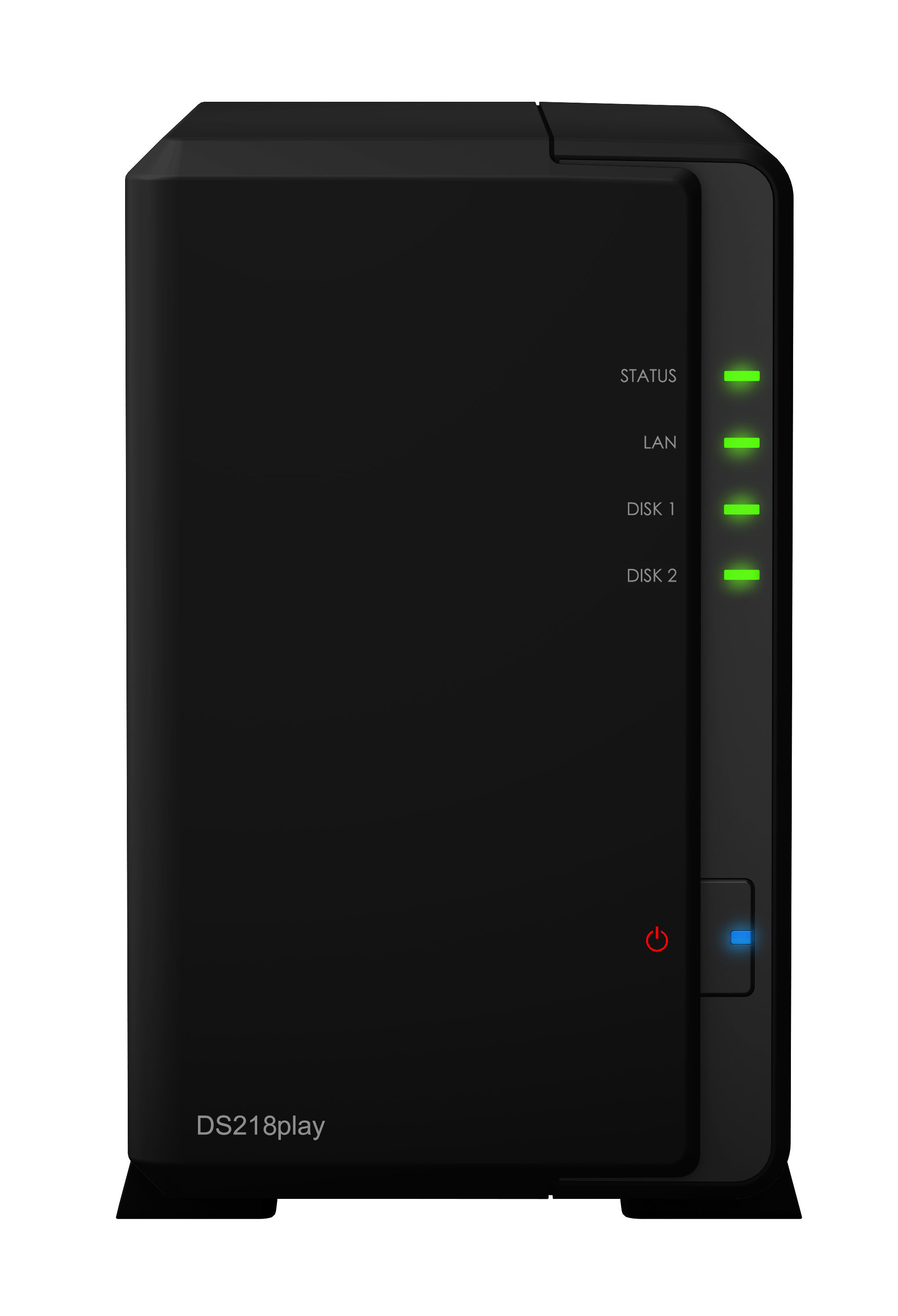 Schwarzer NAS-Server mit Lichtern und einem Einschaltknopf, auf weißem Hintergrund.