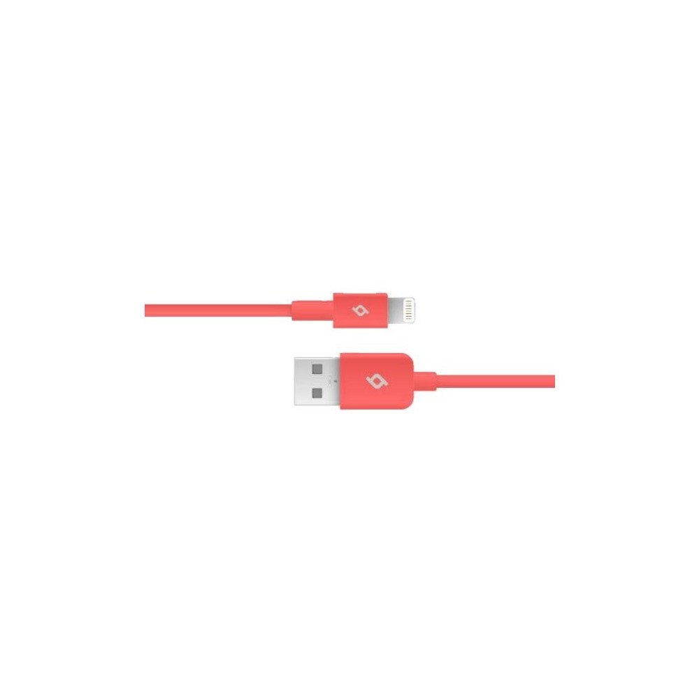 Beyaz arka planda kırmızı USB - Lightning kablosu. Her iki uç da görünür.
