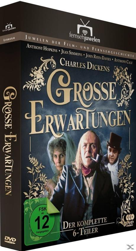 DVD-Cover von 'Große Erwartungen', mit Schauspielern. Dunkler Hintergrund mit verziertem Goldtext und Bildern.