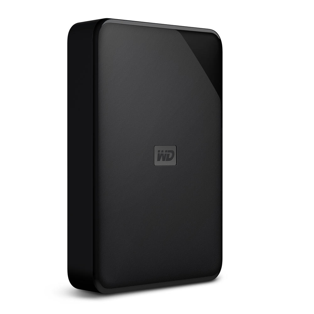Eine schwarze externe Festplatte von WD mit dem WD-Logo auf der Vorderseite, vor weißem Hintergrund.