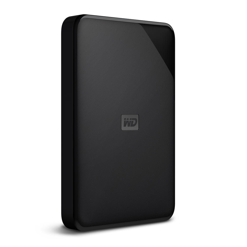 Eine schwarze externe Festplatte mit dem WD-Logo. Das Gerät ist rechteckig und hat eine glänzende Oberfläche.