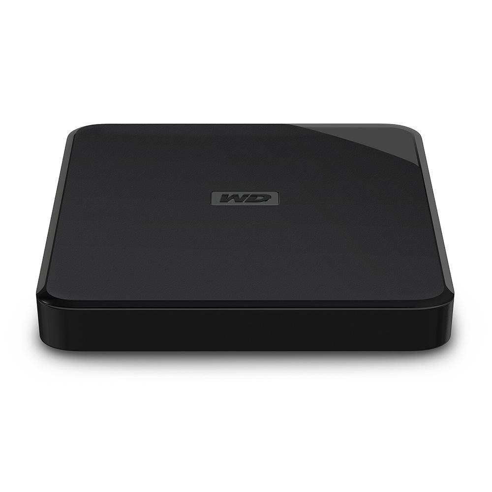 Schwarze externe Festplatte mit einem WD-Logo.