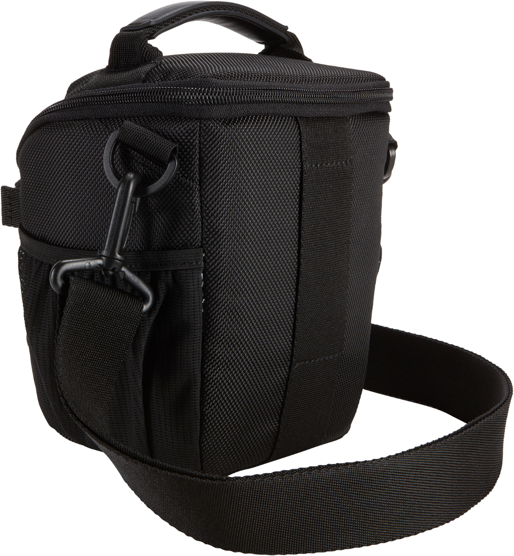 Black camera bag with shoulder strap. Features a side pocket and a handle on top.