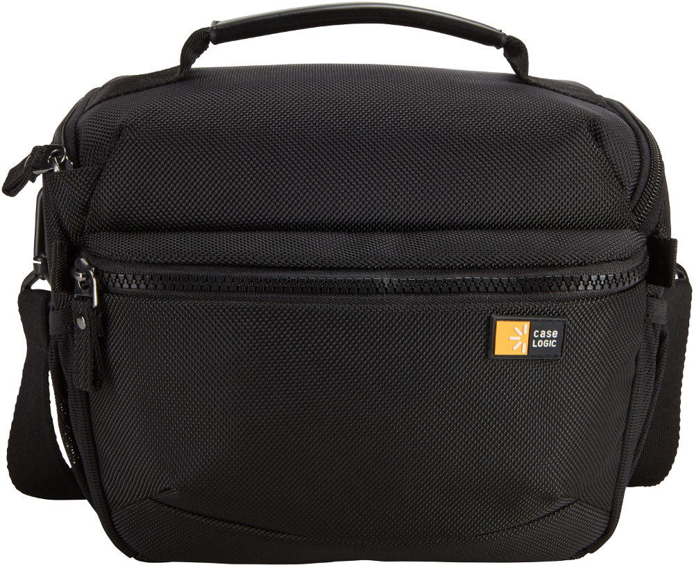 A black Case Logic camera bag with a handle and shoulder strap.