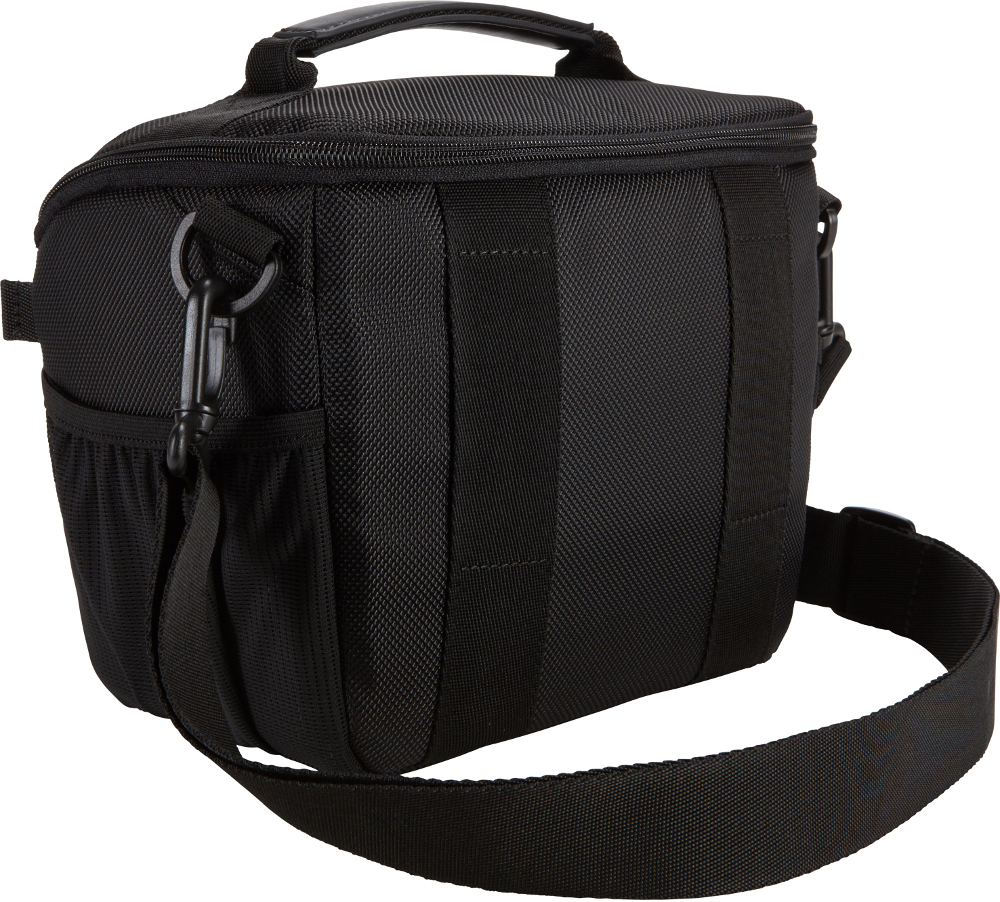 Black camera bag with shoulder strap. Features a side pocket and a handle on top.
