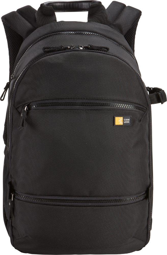 Black Case Logic backpack. Two front pockets, two side pockets, and a top handle.