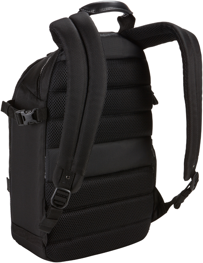 Black backpack, back view, showing padded straps and mesh back panel.