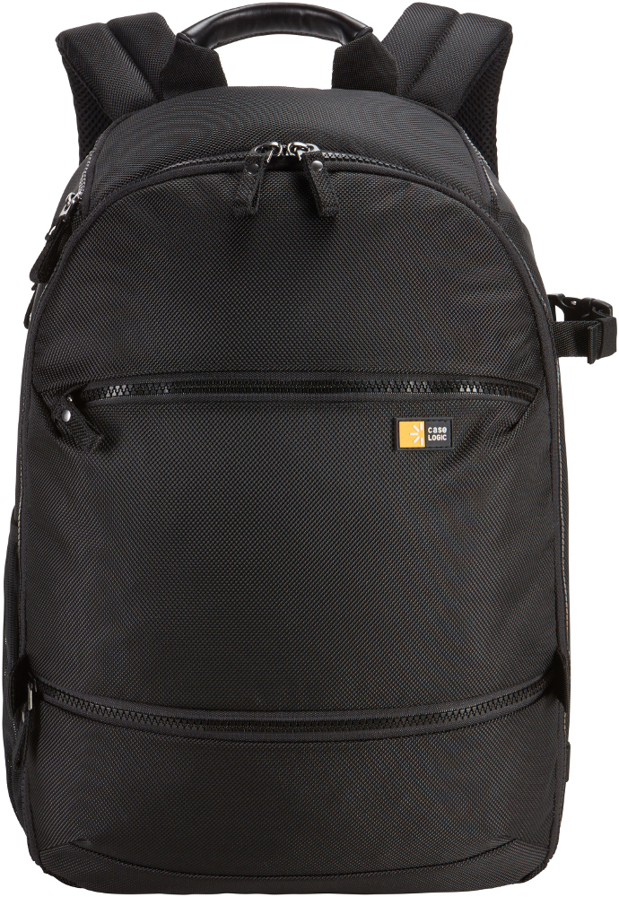 Black backpack with multiple pockets and zippers. Case Logic logo.