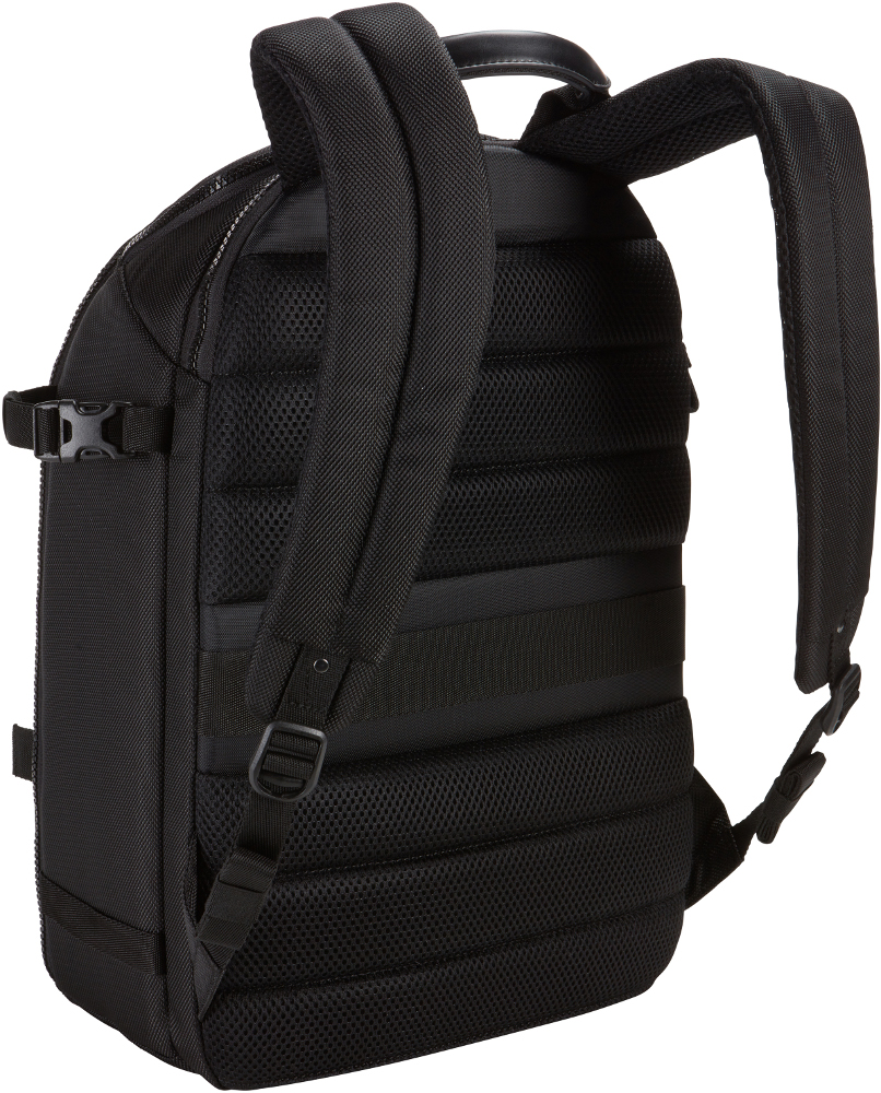 Black backpack, detailed view of the back. Features padded straps, mesh back panel, and a side buckle.