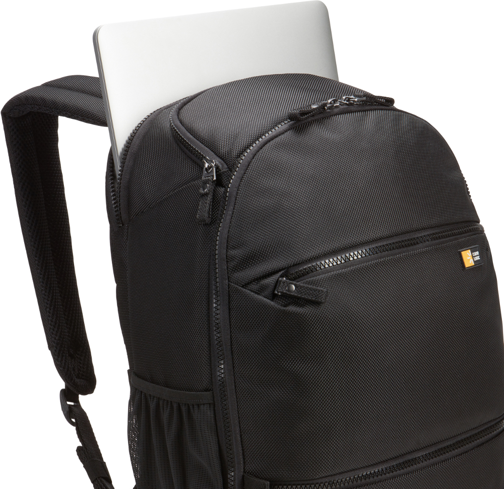 Black backpack with a laptop partially visible in the main compartment.