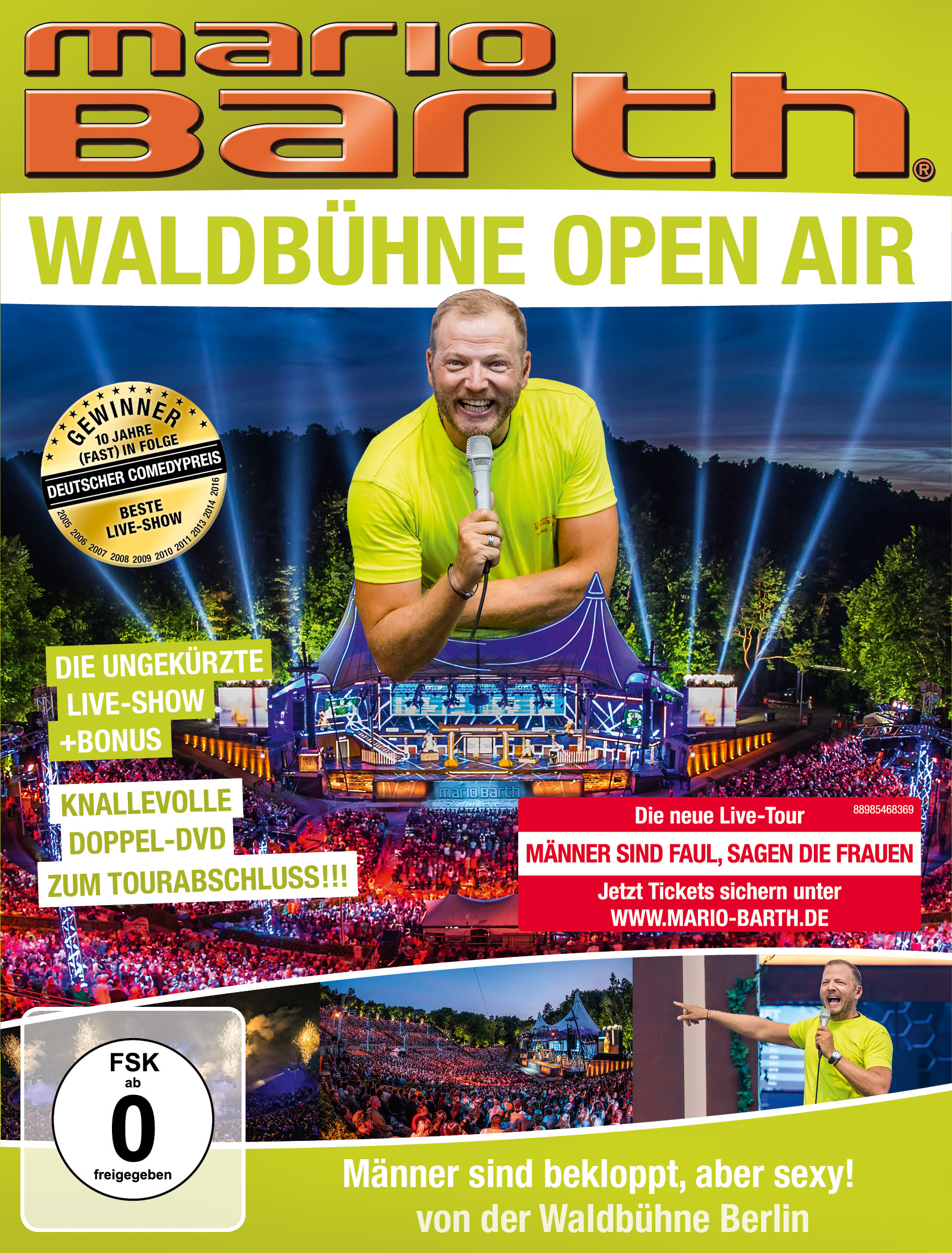 Mario Barth DVD-Cover. Mann hält Mikrofon vor Publikum.