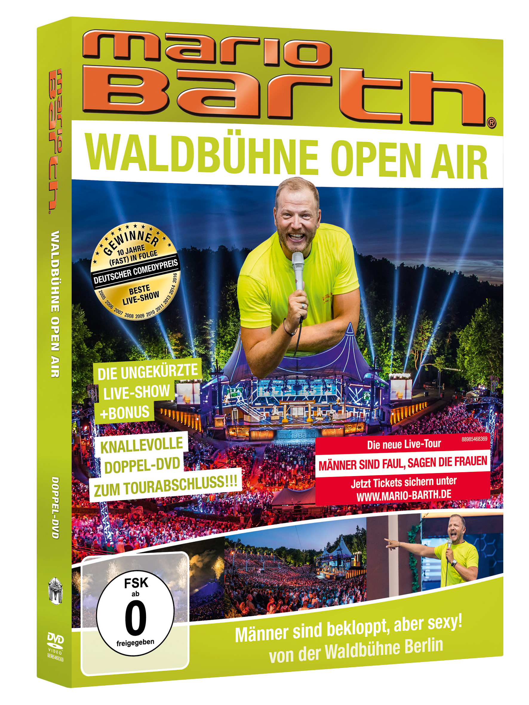 DVD-Cover für 'Mario Barth'-Konzert, mit Mann auf Bühne und Publikum, mit Alterskennzeichnung.