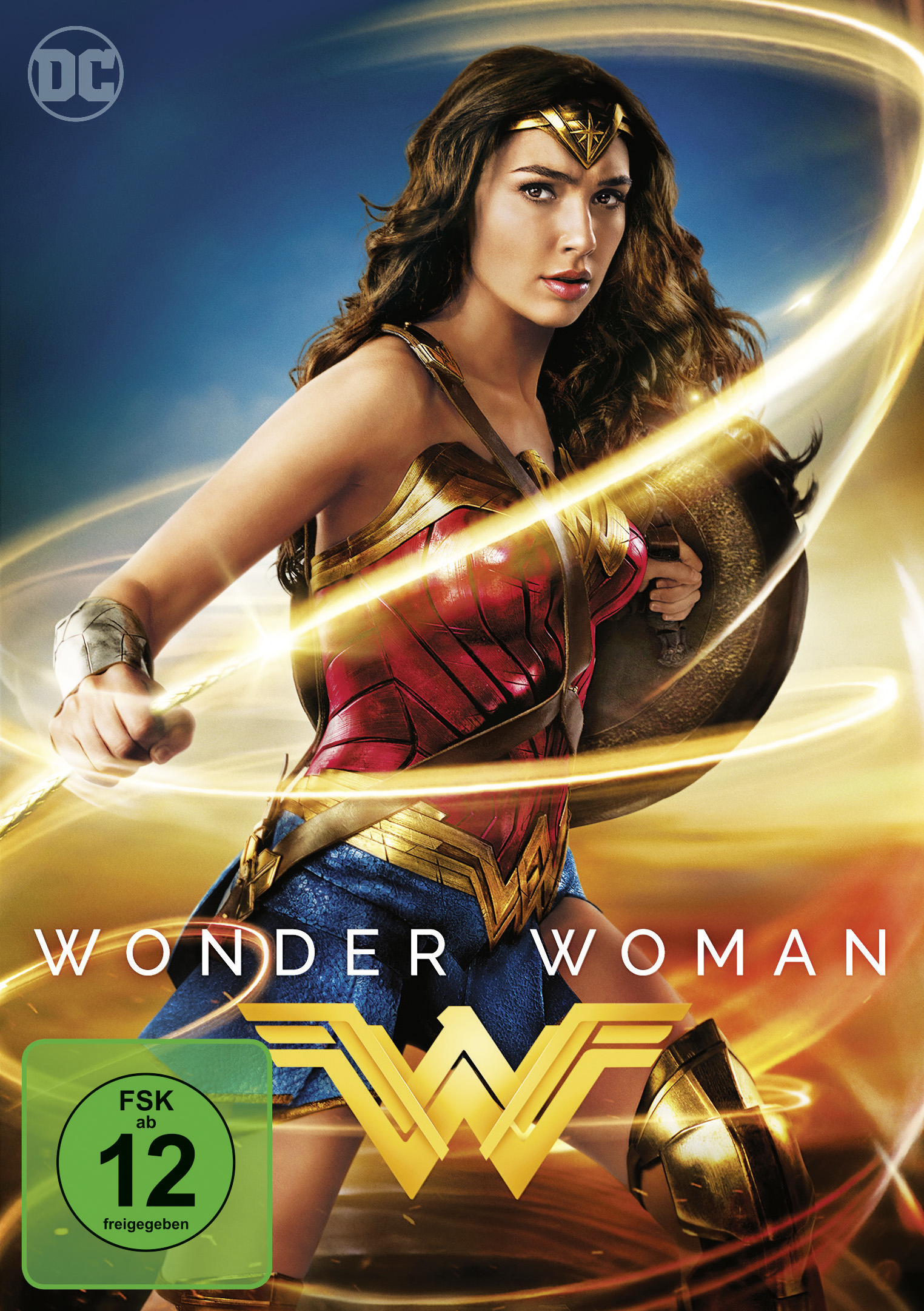 Filmposter für Wonder Woman. Gal Gadot ist die Hauptfigur, hält einen Schild. Ein goldener Lichteffekt umgibt sie.