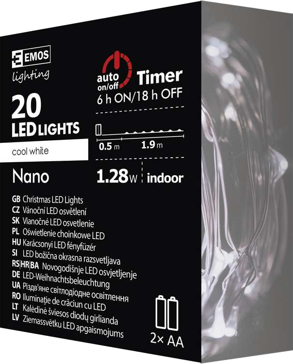 EMOS ZY1950 Karácsonyi fényfüzér, nano 2×AA 1,9m, IP20, hidegfehér időzítővel, beltéri