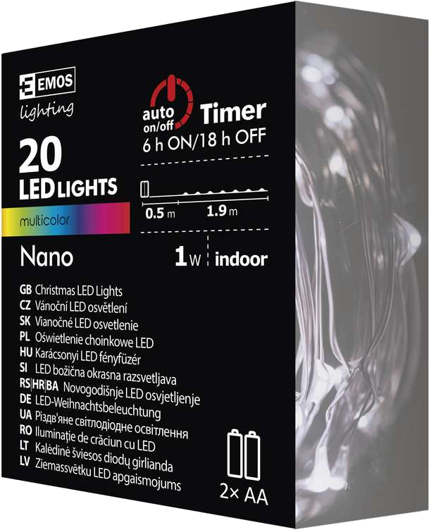 EMOS ZY1951 Karácsonyi fényfüzér, nano 2×AA 1,9m, IP20 multikolor időzítővel 