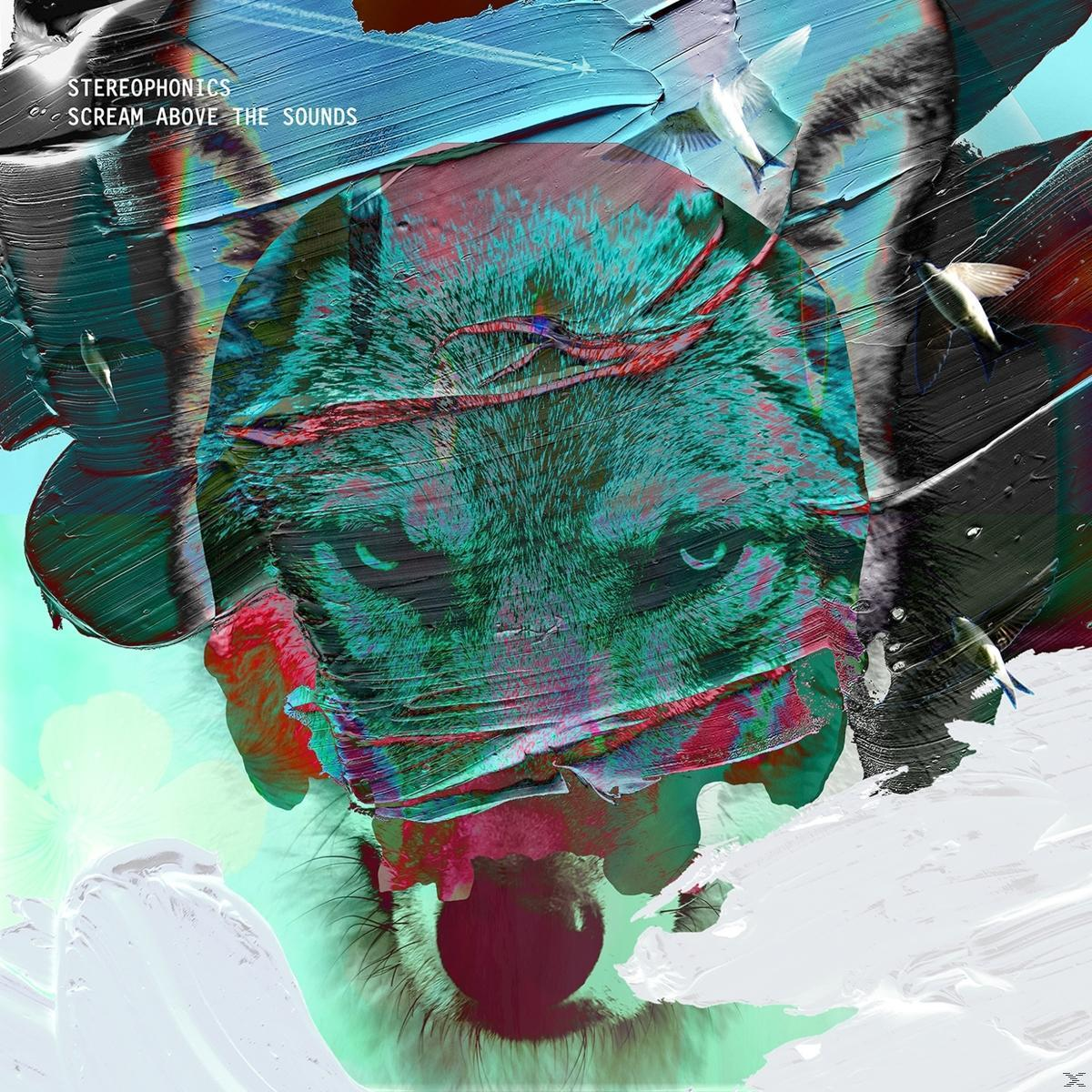 Kunstwerk met een wolfsgezicht met intense ogen, over een getextureerde achtergrond. Bevat de tekst 'Stereophonics Scream Above The Sounds'.