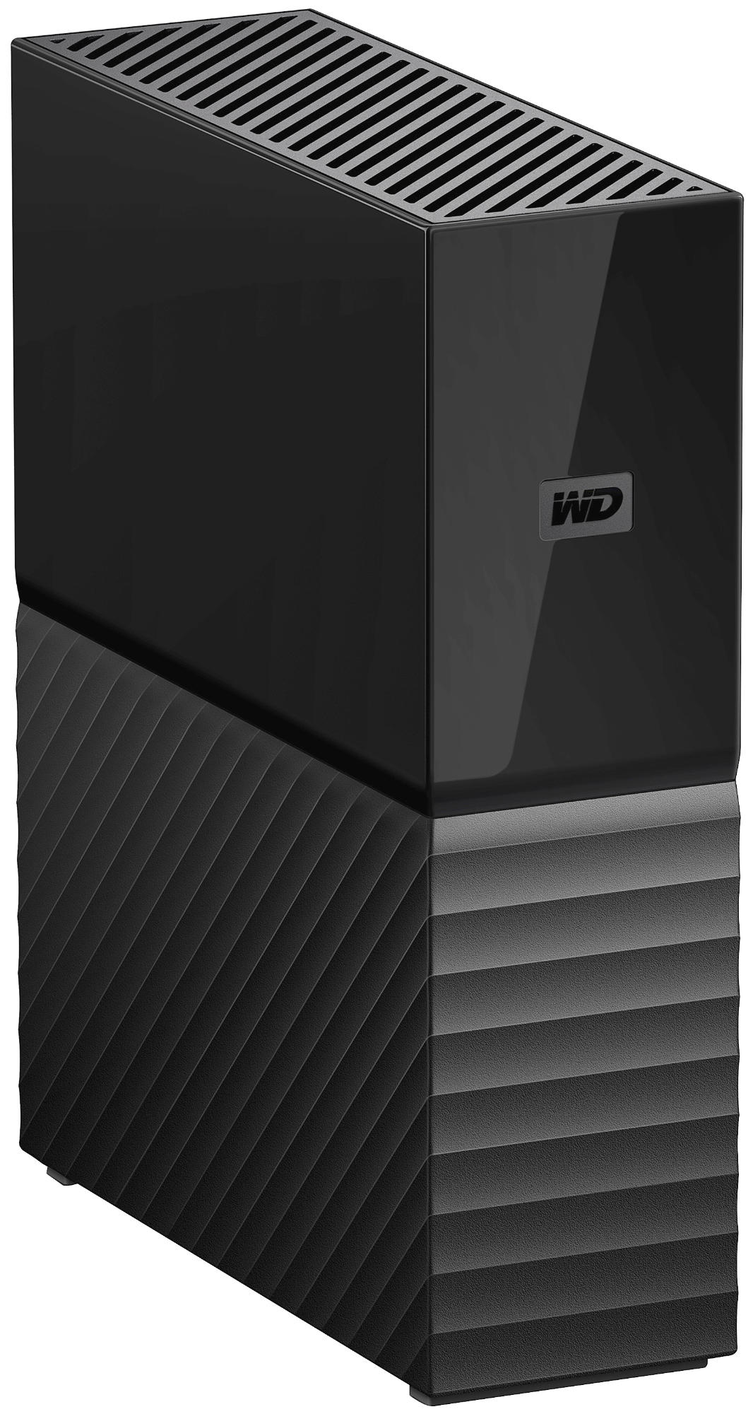 Un disque dur externe WD noir avec un design strié, sur fond blanc.