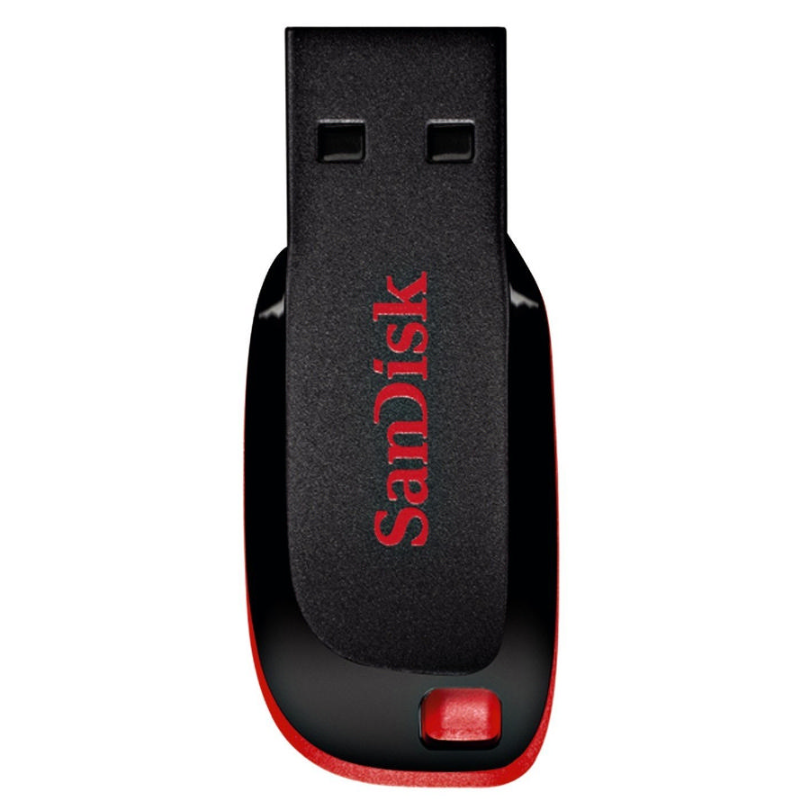 Siyah ve kırmızı SanDisk USB flash sürücü. Ön tarafta kırmızı düğme.