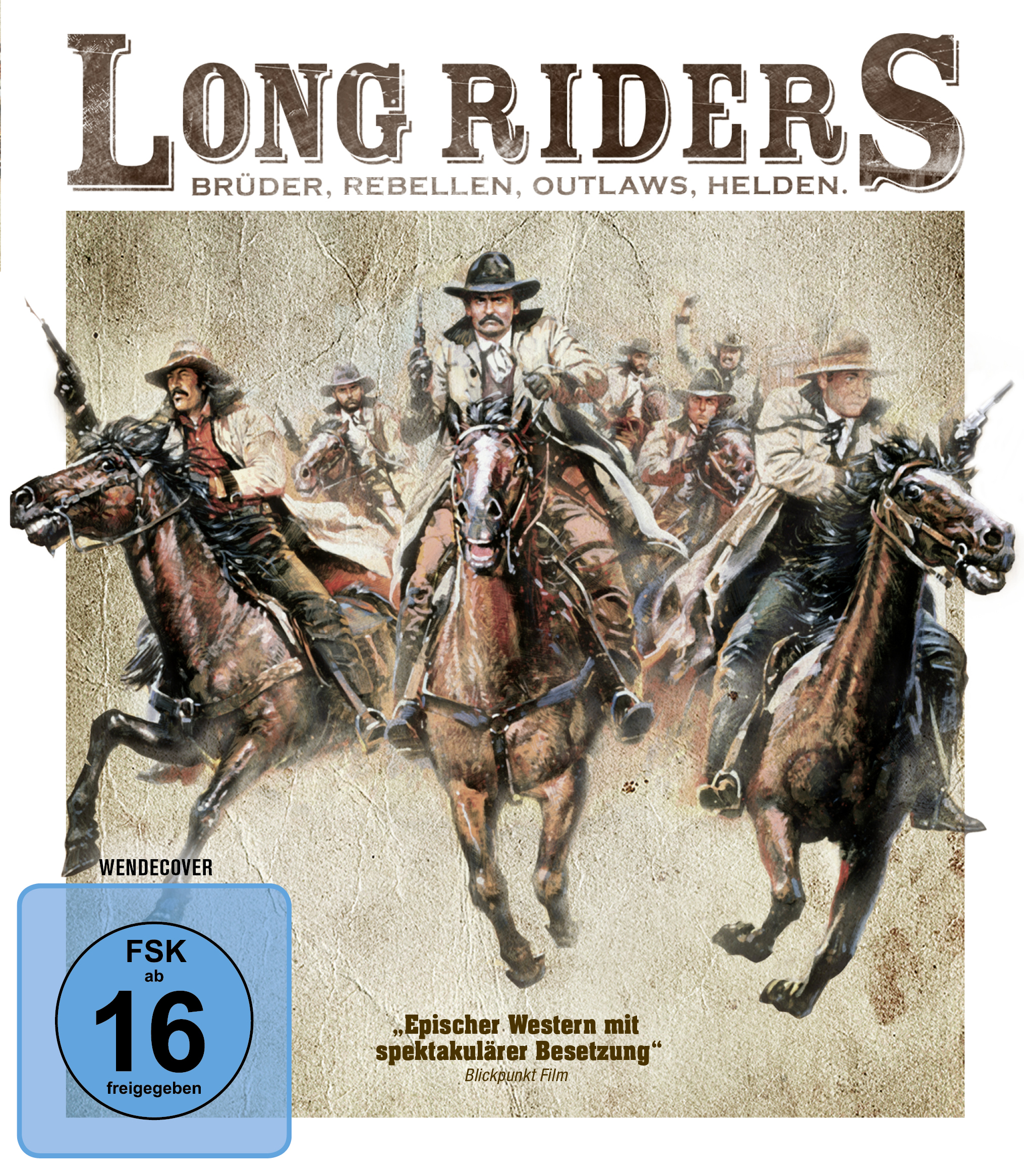 Filmcover: 'Long Riders' mit Cowboys auf Pferden. Braune und beige Farben.