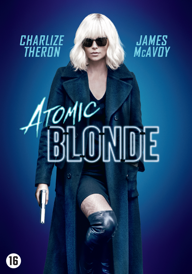 Affiche du film Atomic Blonde. Une femme aux cheveux blancs tient une arme, avec du texte au-dessus.