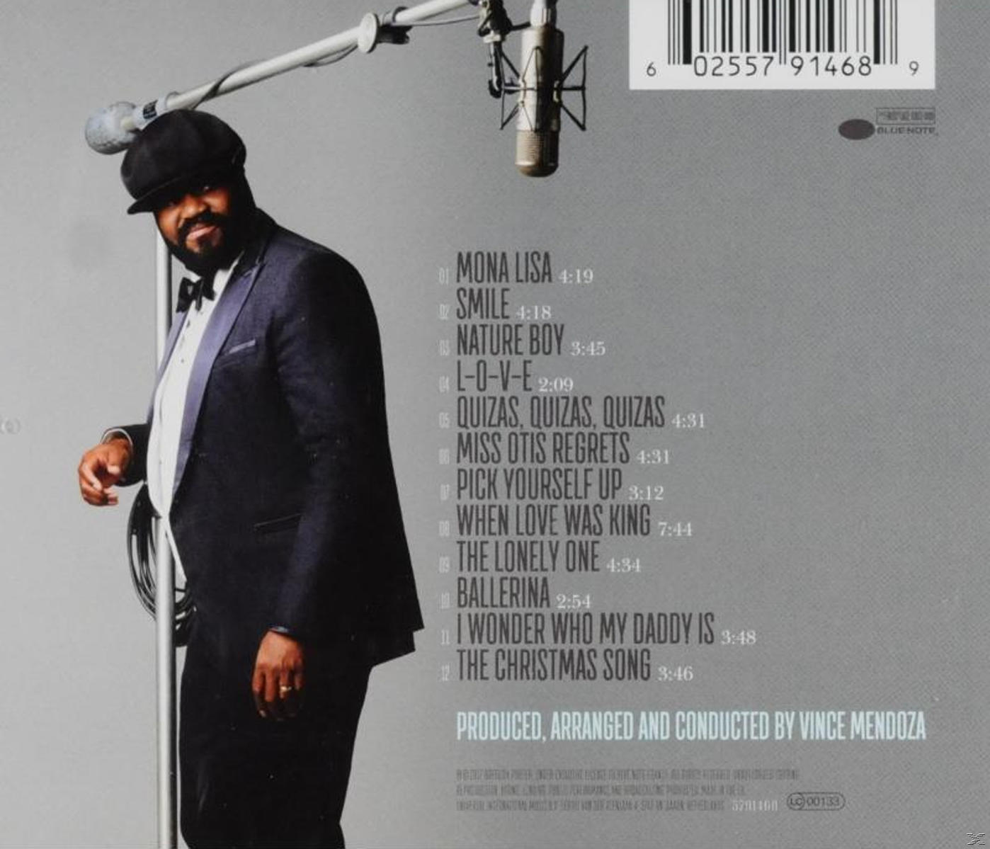 Albumcover mit einem Mann im Anzug, Text mit Liedern und einem Mikrofon.