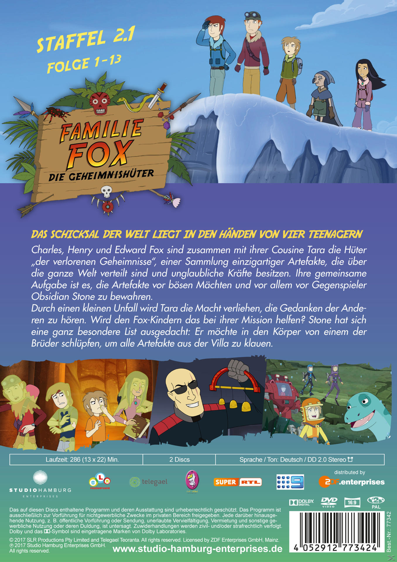 DVD-Cover eines Zeichentrickfilms mit Figuren und Text auf Deutsch. Der Hintergrund ist eine schneebedeckte Berglandschaft.