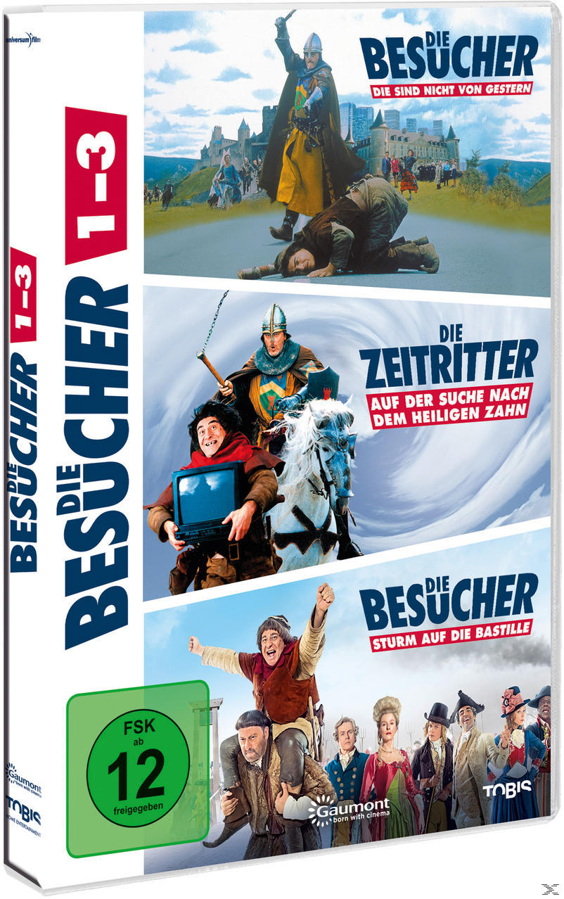DVD-Box-Set für 'Die Besucher 1-3'. Zeigt Szenen aus den Filmen und grünen Text.