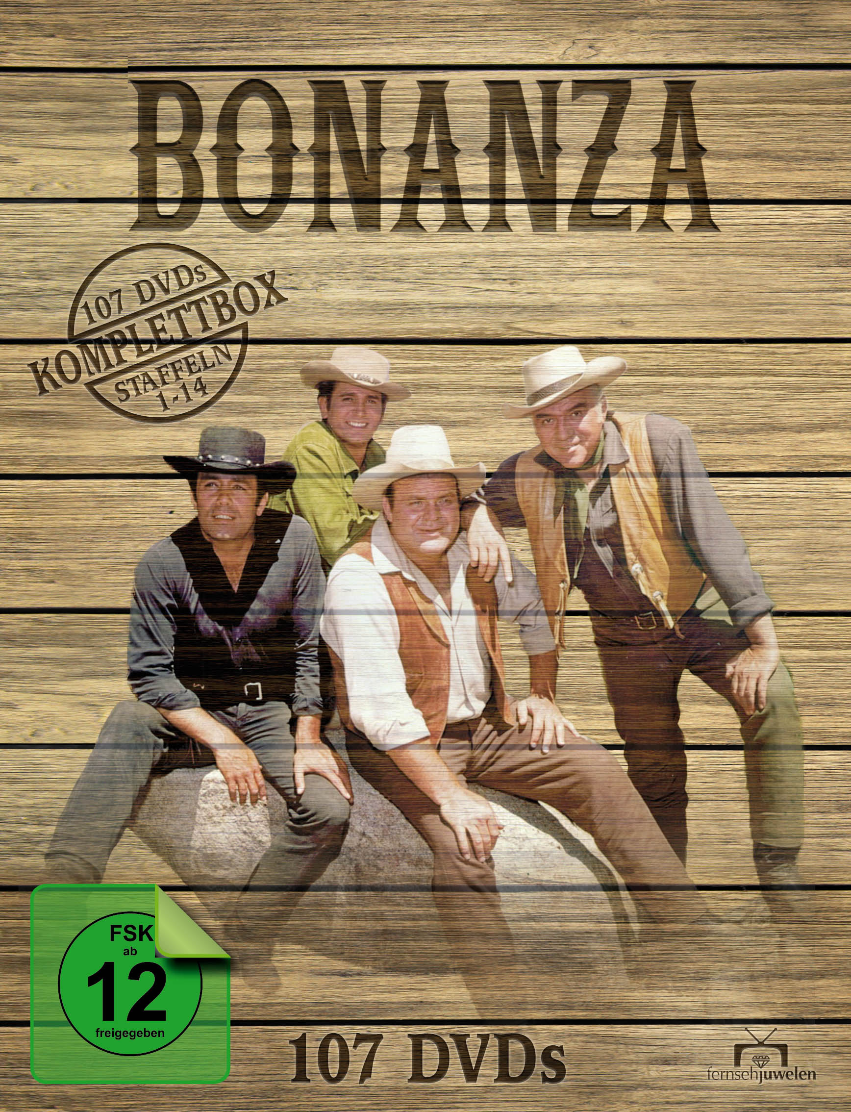 DVD-Cover von 'Bonanza'. Vier Männer in Cowboy-Outfits auf Holzgrund, mit dem Titel 'Bonanza'.