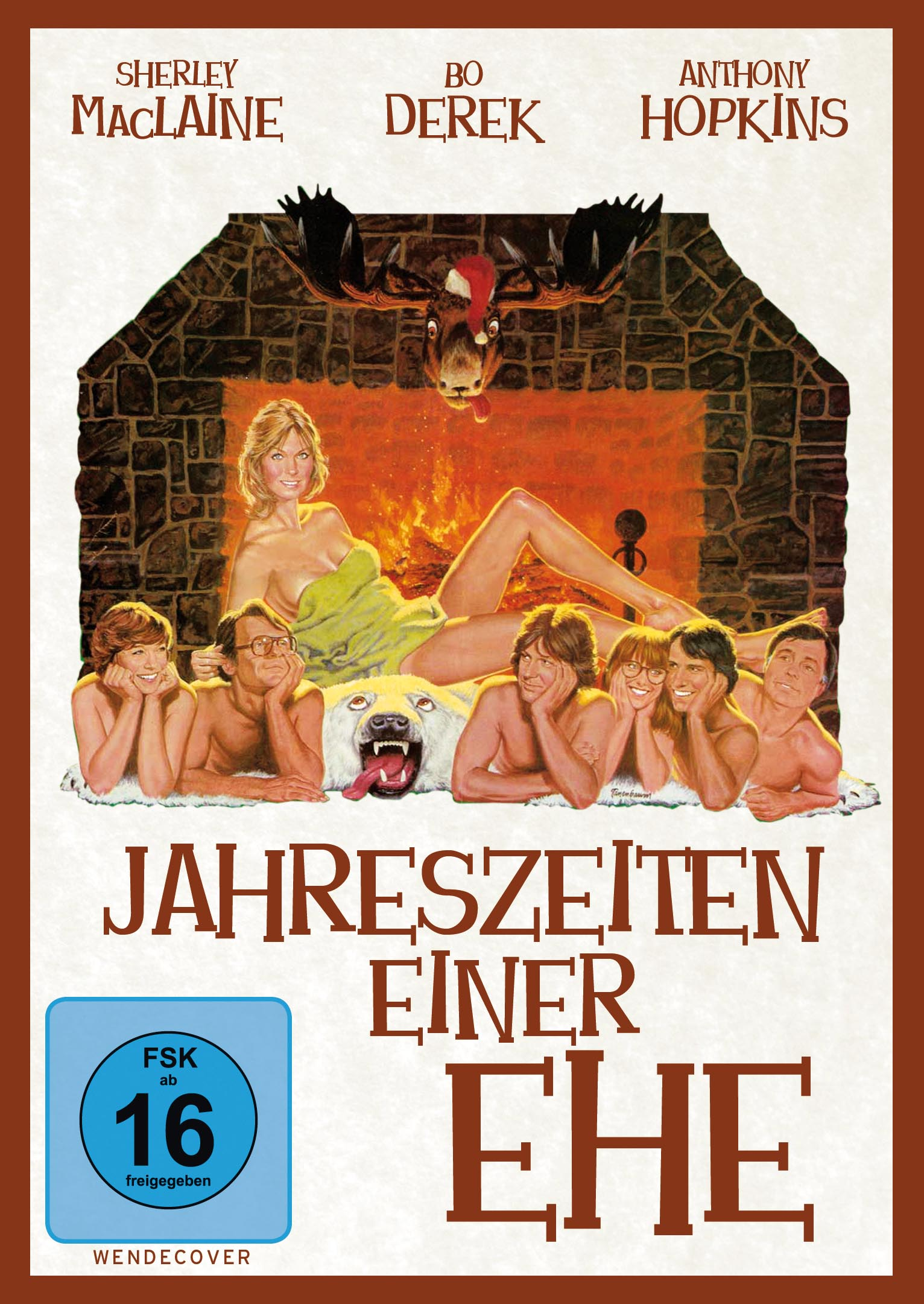 DVD-Cover mit mehreren Personen, einem Kamin und einem Elchkopf darüber, mit dem Titel auf Deutsch.