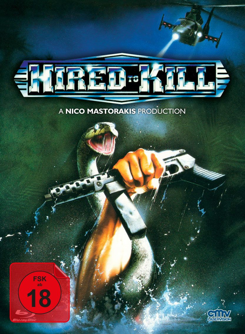 Filmposter "Hired to Kill". Hand mit Waffe aus Schlange. Hubschrauber im Hintergrund.