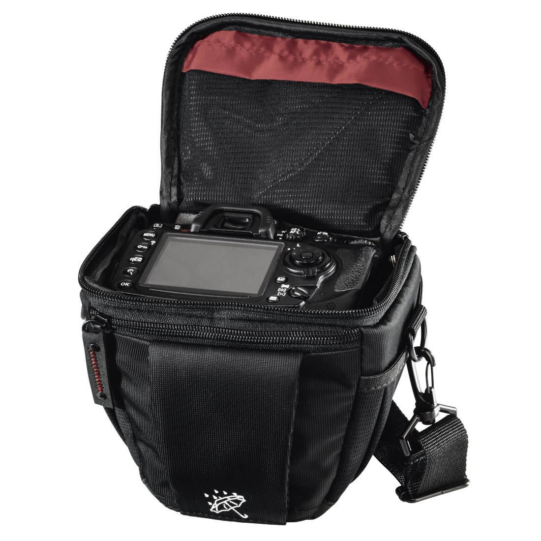 Black camera bag with open top showing a camera. Red interior.