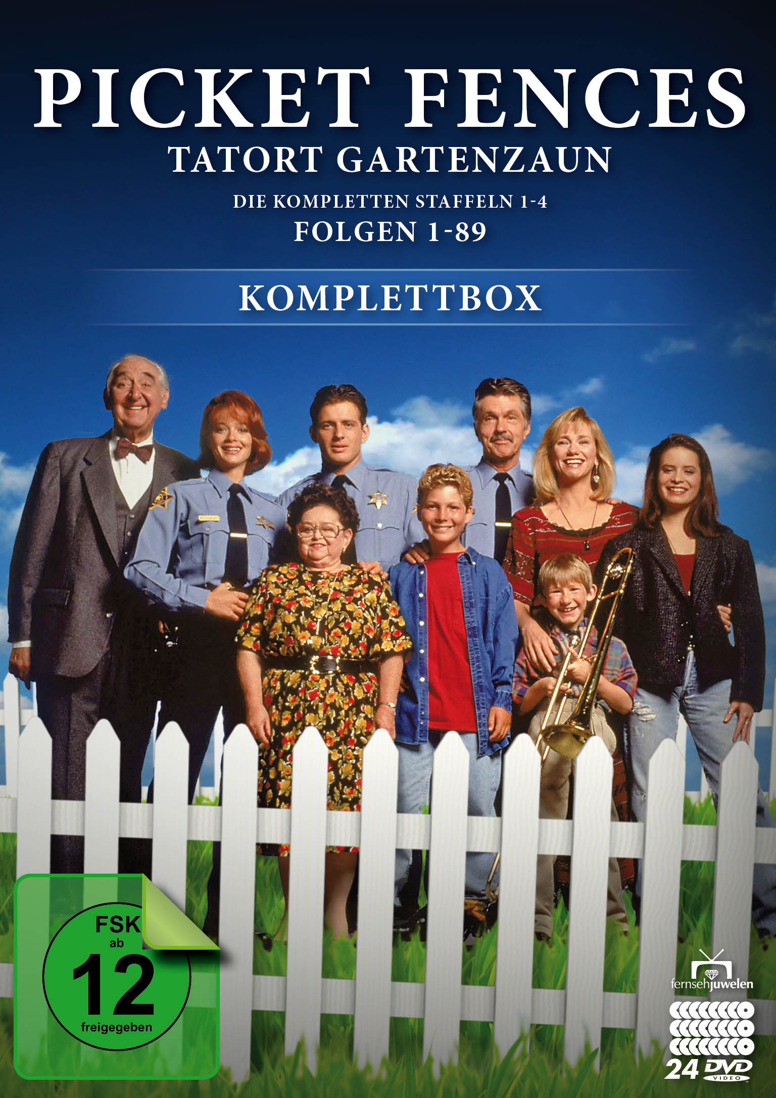 DVD-Cover von Picket Fences. Gruppe von Leuten vor einem weißen Holzzaun.