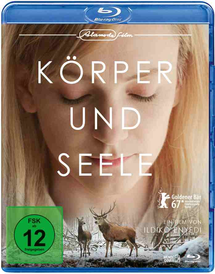 Blu-ray-Cover "Körper und Seele". Frau mit geschlossenen Augen im Vordergrund. Hirsche im Hintergrund.