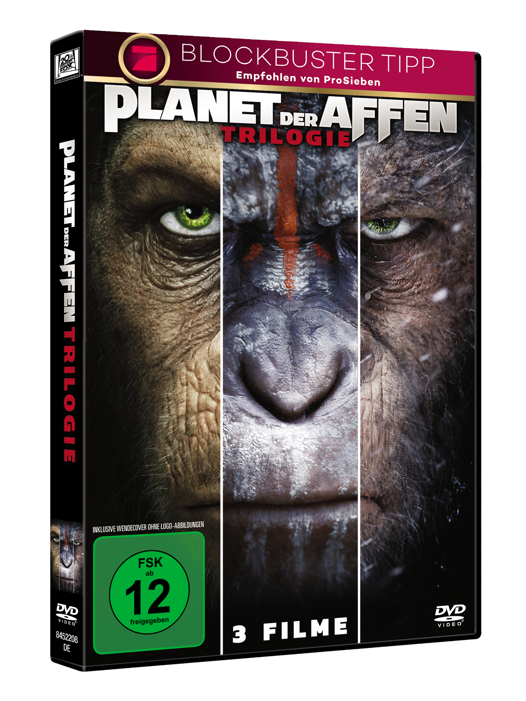 DVD-Box-Set der 'Planet der Affen Trilogie' mit Affengesichtern.