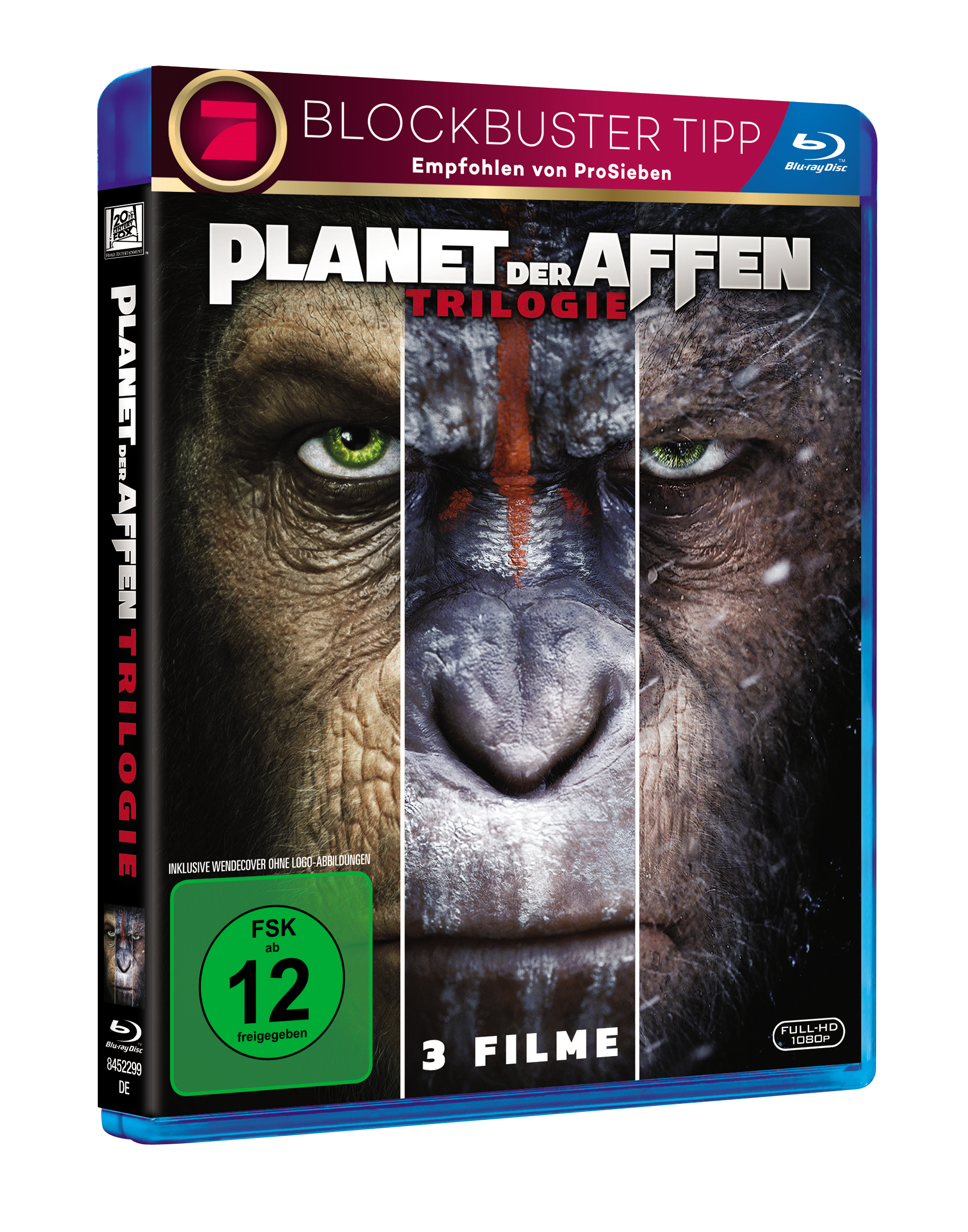 Blu-ray-Cover der Planet der Affen-Trilogie mit drei Affengesichtern auf der Vorderseite.
