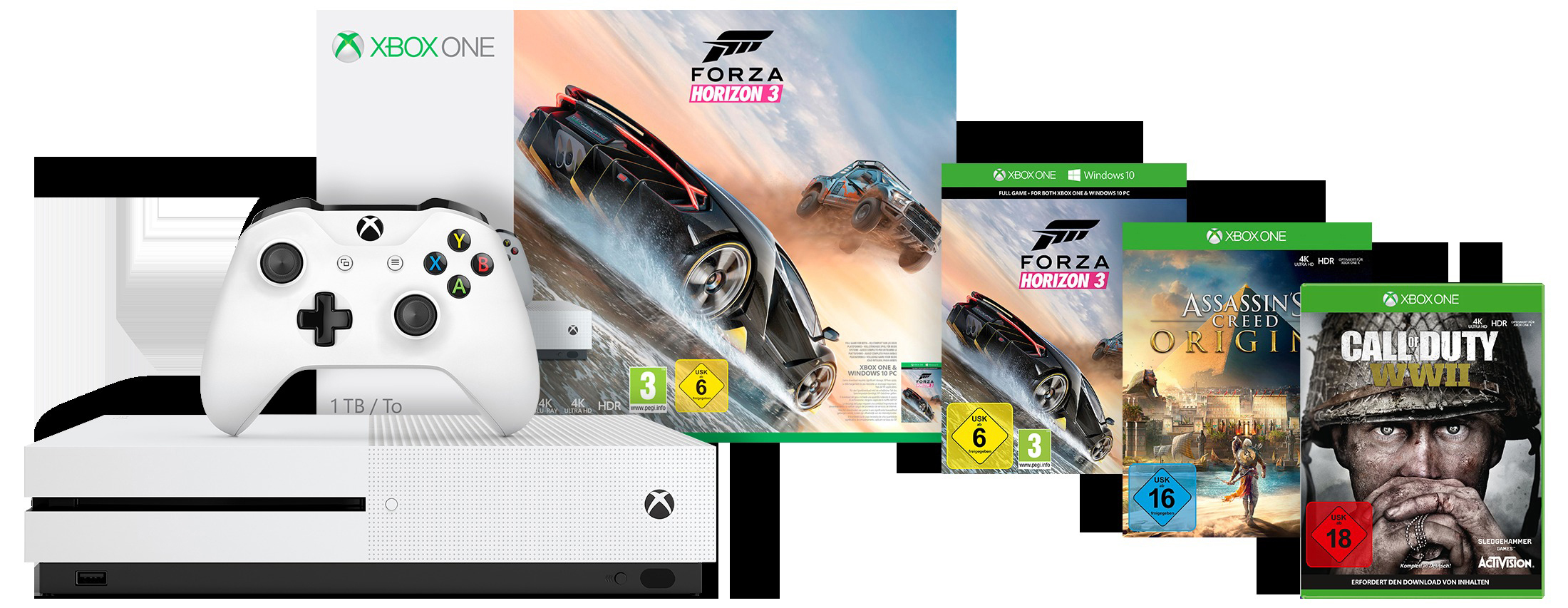 MICROSOFT Xbox One S 1TB Konsole - COD WW 2 & Assassins‘s Creed Origins & Forza Horizon 3