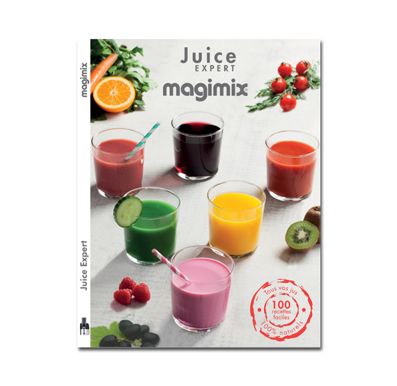 Une couverture de livre avec différents verres de jus, ainsi que des fruits et des légumes.
